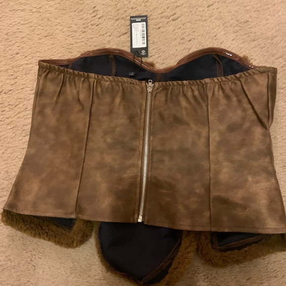 Brown Washed Faux Leather Lace Up Front Fur Under Wire corset y2k fall casual - Picture 4 of 5